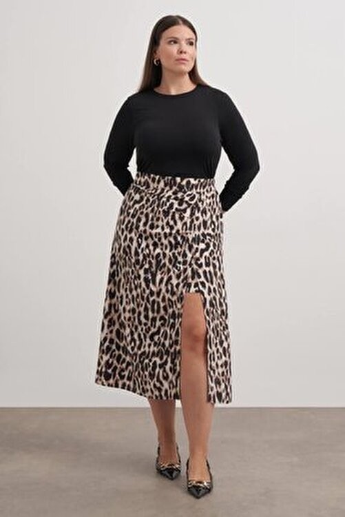 Myline Arka Beli Lastikli Büzgülü Midi Etek Çok Renkli Leopar Desenli Dokuma Kumaş Normal Bel 84 cm görsel 3