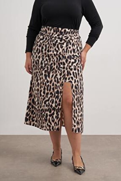 Myline Arka Beli Lastikli Büzgülü Midi Etek Çok Renkli Leopar Desenli Dokuma Kumaş Normal Bel 84 cm görsel 4