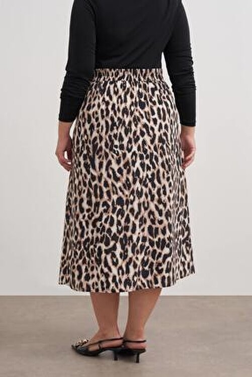 Myline Arka Beli Lastikli Büzgülü Midi Etek Çok Renkli Leopar Desenli Dokuma Kumaş Normal Bel 84 cm görsel 6
