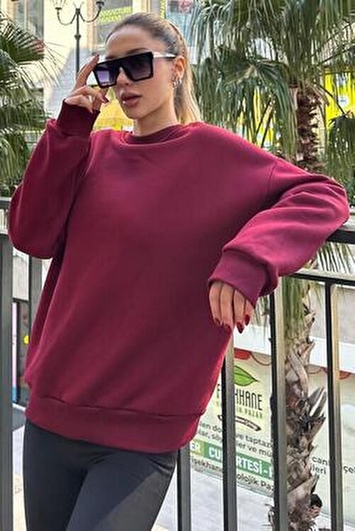 Madmext Bordo Basic Sweatshirt Kadın Uzun Kollu Oversize Kesim MG1559 Cepsiz Rahat Tasarım görsel 3