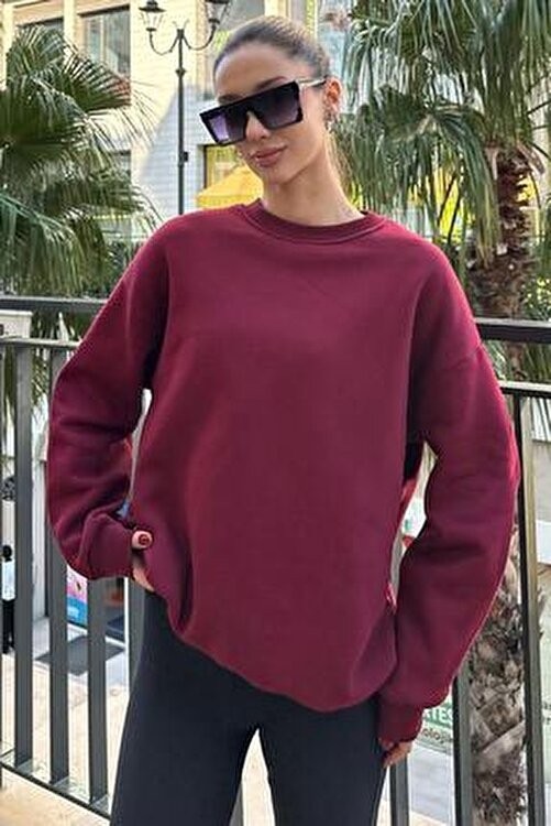 Madmext Bordo Basic Sweatshirt Kadın Uzun Kollu Oversize Kesim MG1559 Cepsiz Rahat Tasarım görsel 4