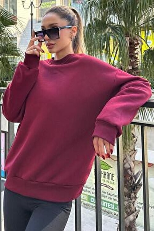 Madmext Bordo Basic Sweatshirt Kadın Uzun Kollu Oversize Kesim MG1559 Cepsiz Rahat Tasarım görsel 5