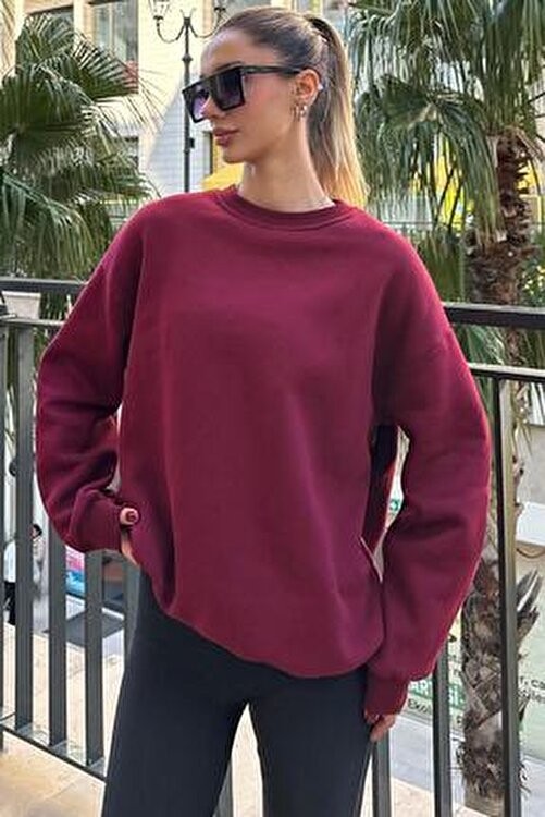Madmext Bordo Basic Sweatshirt Kadın Uzun Kollu Oversize Kesim MG1559 Cepsiz Rahat Tasarım görsel 6