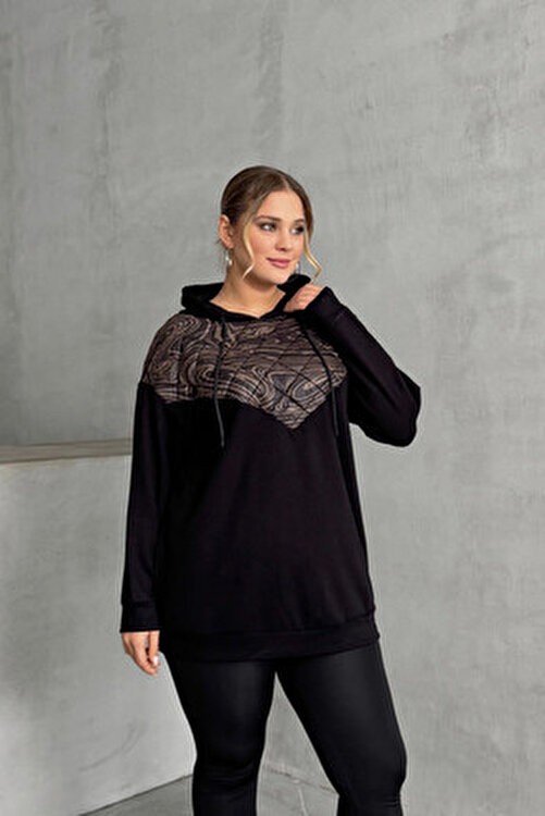 Stil Diva Kadın Kapitone Detaylı Büyük Beden Uzun Kollu Kapüşonlu Sweatshirt 300319 Siyah Renk