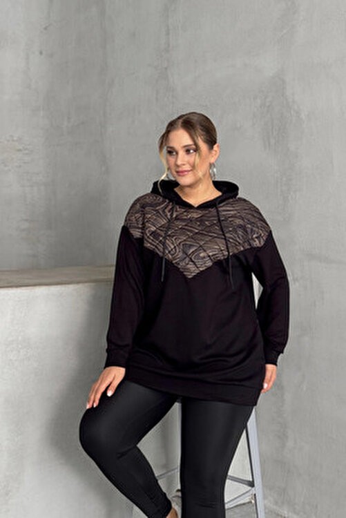 Stil Diva Kadın Kapitone Detaylı Büyük Beden Uzun Kollu Kapüşonlu Sweatshirt 300319 Siyah Renk görsel 2