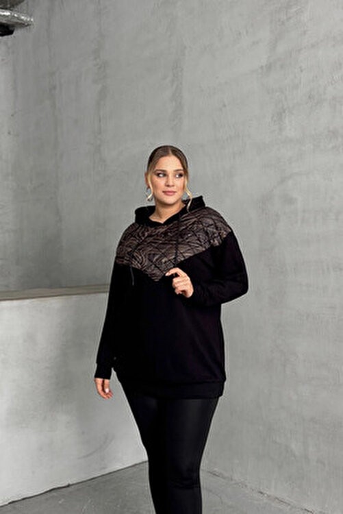 Stil Diva Kadın Kapitone Detaylı Büyük Beden Uzun Kollu Kapüşonlu Sweatshirt 300319 Siyah Renk görsel 4