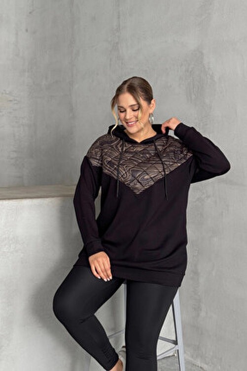 Stil Diva Kadın Kapitone Detaylı Büyük Beden Uzun Kollu Kapüşonlu Sweatshirt 300319 Siyah Renk görsel 5
