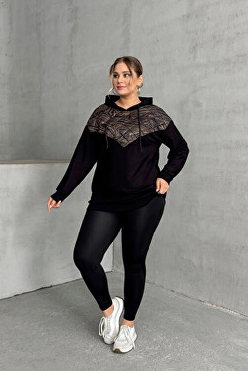 Stil Diva Kadın Kapitone Detaylı Büyük Beden Uzun Kollu Kapüşonlu Sweatshirt 300319 Siyah Renk görsel 6