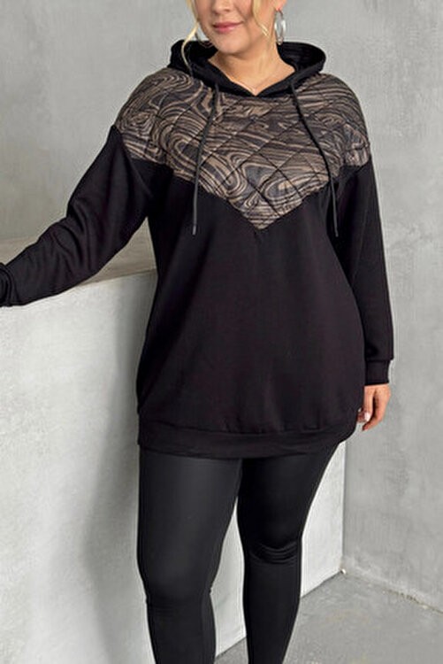 Stil Diva Kadın Kapitone Detaylı Büyük Beden Uzun Kollu Kapüşonlu Sweatshirt 300319 Siyah Renk görsel 7