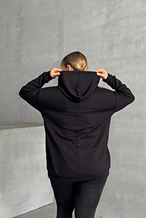 Stil Diva Kadın Kapitone Detaylı Büyük Beden Uzun Kollu Kapüşonlu Sweatshirt 300319 Siyah Renk görsel 8