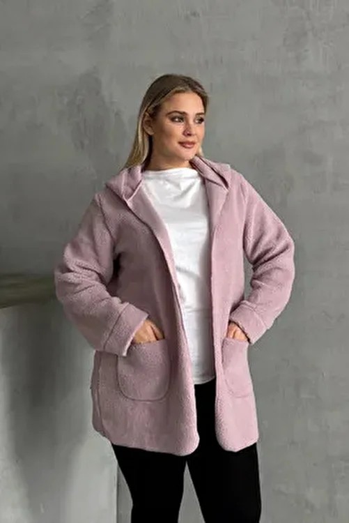 Stil Diva 97-14 Kadın Büyük Beden Kapüşonlu Uzun Kollu Peluş Ceket Yumuşak Dokulu Cepli
