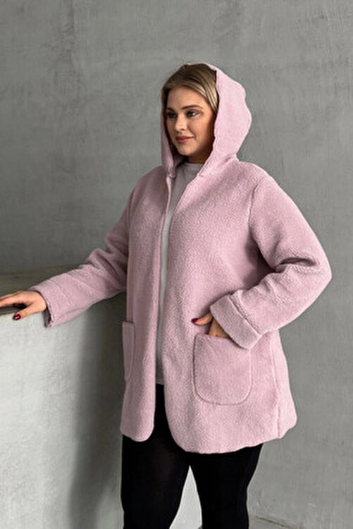 Stil Diva 97-14 Kadın Büyük Beden Kapüşonlu Uzun Kollu Peluş Ceket Yumuşak Dokulu Cepli görsel 2