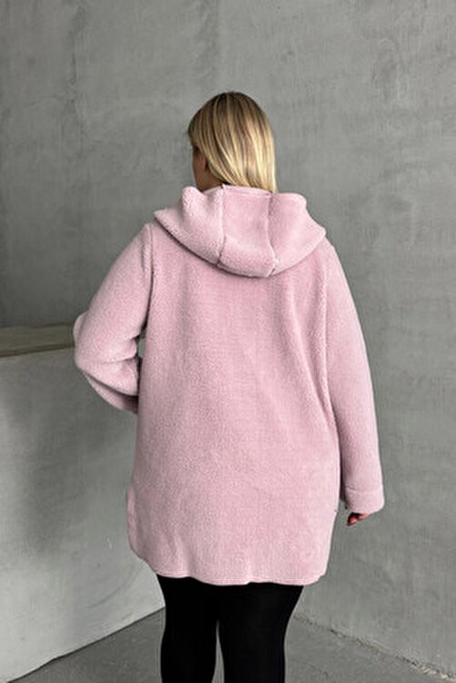 Stil Diva 97-14 Kadın Büyük Beden Kapüşonlu Uzun Kollu Peluş Ceket Yumuşak Dokulu Cepli görsel 8