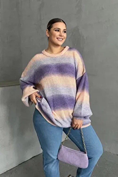 Stil Diva Büyük Beden Kadın Uzun Kollu Bisiklet Yaka Renk Bloklu Triko Kazak Dg-06
