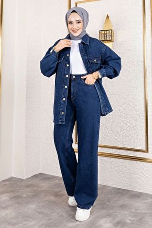 Tesettür Dünyası Açık Mavi More Denim Takım Kadın Düğmeli Yaka Regular Fit
