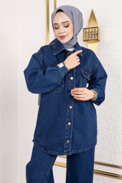 Tesettür Dünyası Açık Mavi More Denim Takım Kadın Düğmeli Yaka Regular Fit görsel 2
