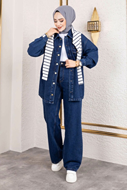 Tesettür Dünyası Açık Mavi More Denim Takım Kadın Düğmeli Yaka Regular Fit görsel 3