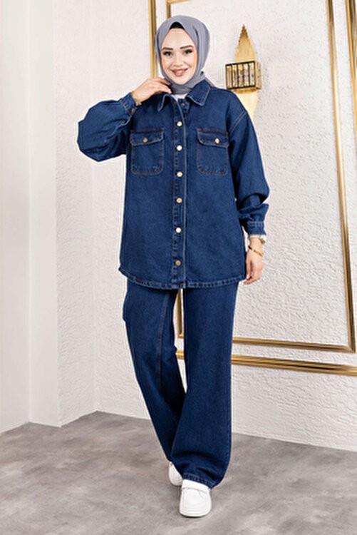 Tesettür Dünyası Açık Mavi More Denim Takım Kadın Düğmeli Yaka Regular Fit görsel 4