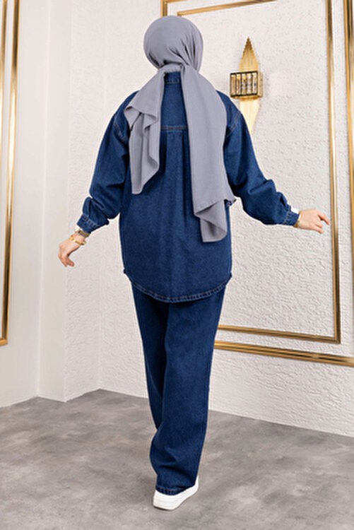 Tesettür Dünyası Açık Mavi More Denim Takım Kadın Düğmeli Yaka Regular Fit görsel 6
