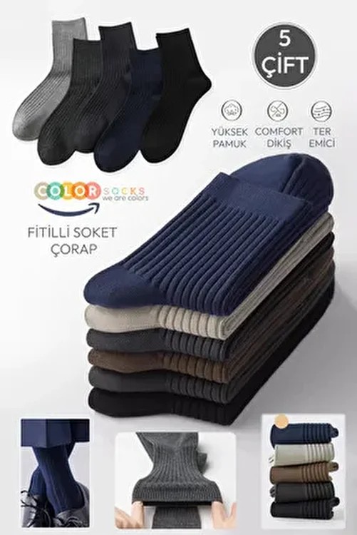 Color Socks 5 Çift Fitilli Soket Çorap Erkek Pamuk Düz Esnek Çok Renkli Konforlu Kullanım İçin