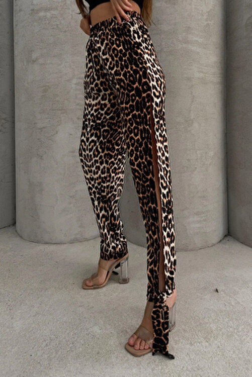 Lesa Wear Leopar Desenli Yüksel Bel Yırtmaç Detaylı Kadın Yumuşacık Likralı Jarse Pantolon