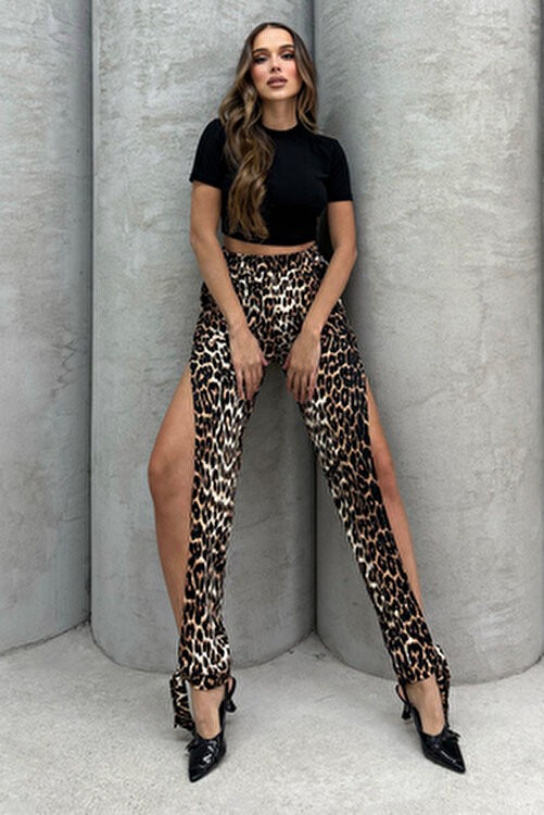 Lesa Wear Leopar Desenli Yüksel Bel Yırtmaç Detaylı Kadın Yumuşacık Likralı Jarse Pantolon görsel 5
