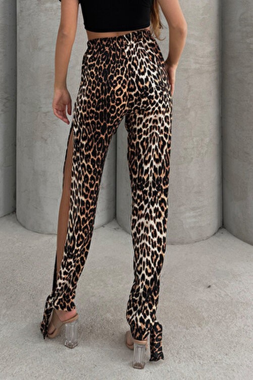 Lesa Wear Leopar Desenli Yüksel Bel Yırtmaç Detaylı Kadın Yumuşacık Likralı Jarse Pantolon görsel 8