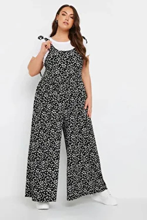 Stil Diva Büyük Beden Çiçek Desenli Maxi Tulum 137986 Kolsuz Bol Paça Dokuma Askıları Bağlamalı