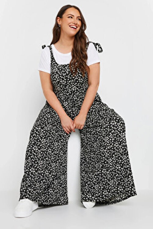Stil Diva Büyük Beden Çiçek Desenli Maxi Tulum 137986 Kolsuz Bol Paça Dokuma Askıları Bağlamalı görsel 2