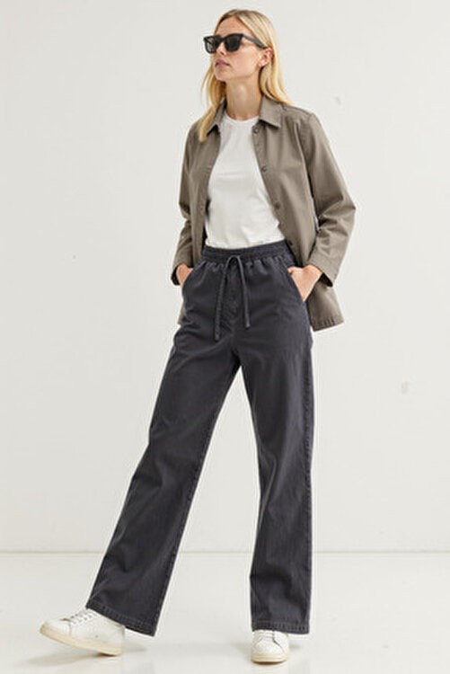 Enzim Jeans Kadın Wide Leg Normal Bel Pantolon Beli Lastikli Denim Düz Desen Konforlu Model