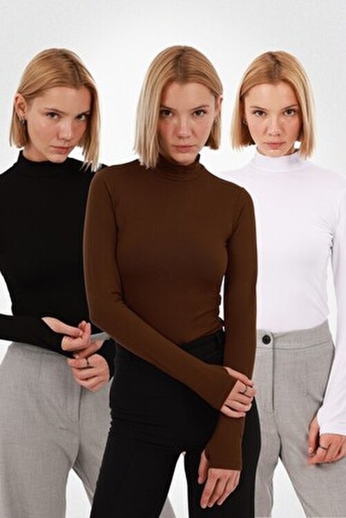 Yade Fashion Kadın Siyah Beyaz Kahverengi 3'lü Parmak Detaylı Body Set