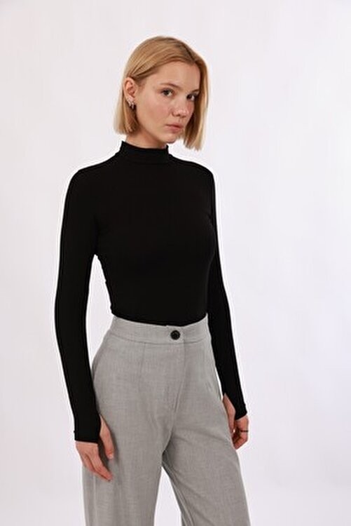 Yade Fashion Kadın Siyah Beyaz Kahverengi 3'lü Parmak Detaylı Body Set görsel 3