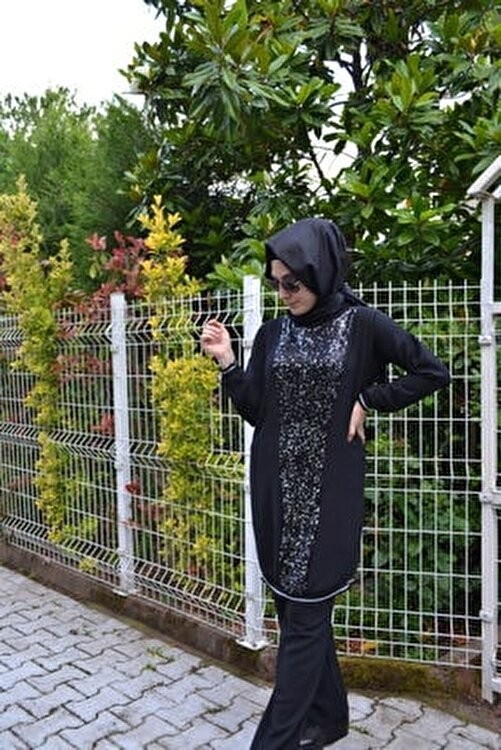 Aysun Aydemir Gümüş Payet Detaylı Siyah Pamuklu Tesettür Eşofman Takımı Düz Desenli Oversize görsel 2