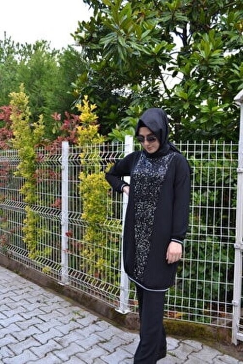 Aysun Aydemir Gümüş Payet Detaylı Siyah Pamuklu Tesettür Eşofman Takımı Düz Desenli Oversize görsel 3
