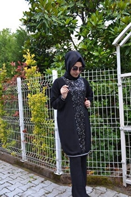 Aysun Aydemir Gümüş Payet Detaylı Siyah Pamuklu Tesettür Eşofman Takımı Düz Desenli Oversize görsel 4