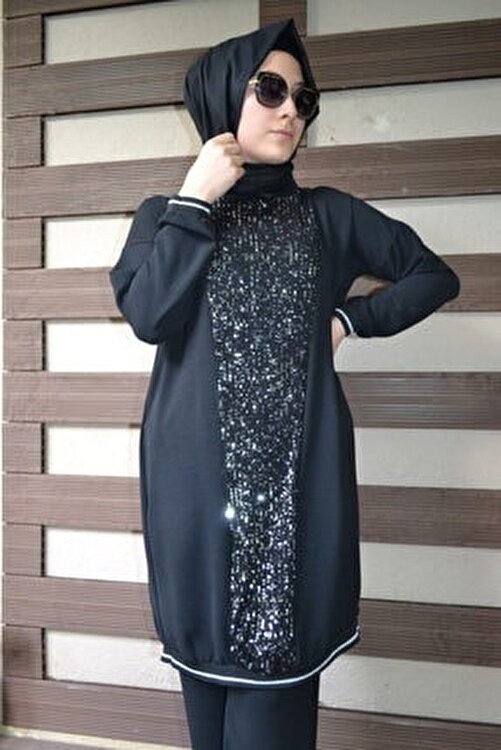 Aysun Aydemir Gümüş Payet Detaylı Siyah Pamuklu Tesettür Eşofman Takımı Düz Desenli Oversize görsel 6