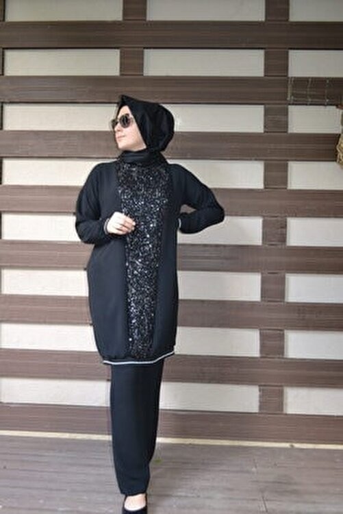 Aysun Aydemir Gümüş Payet Detaylı Siyah Pamuklu Tesettür Eşofman Takımı Düz Desenli Oversize görsel 7