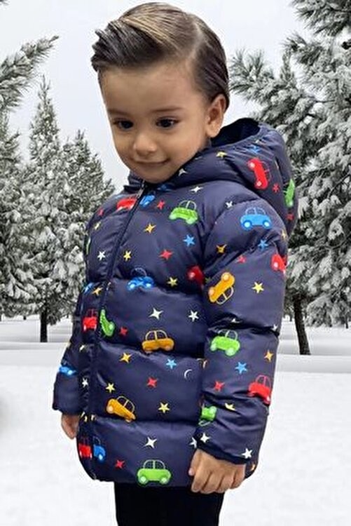 Freemen Erkek Çocuk Lacivert Polarlı Kapüşonlu Kışlık Şişme Mont Araba Yıldız Ay Desenli Su Geçirmez görsel 3