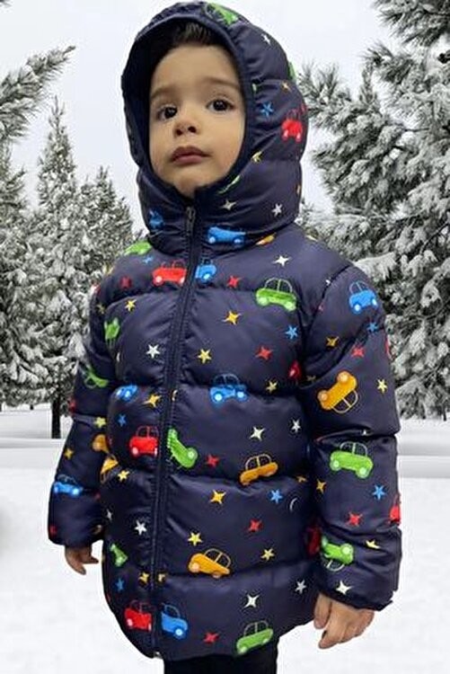 Freemen Erkek Çocuk Lacivert Polarlı Kapüşonlu Kışlık Şişme Mont Araba Yıldız Ay Desenli Su Geçirmez görsel 4