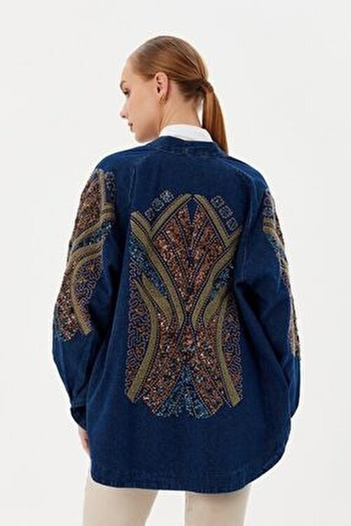 Dadali Koyu Mavi Denim Kimono Oversize Cepsiz Tasarım