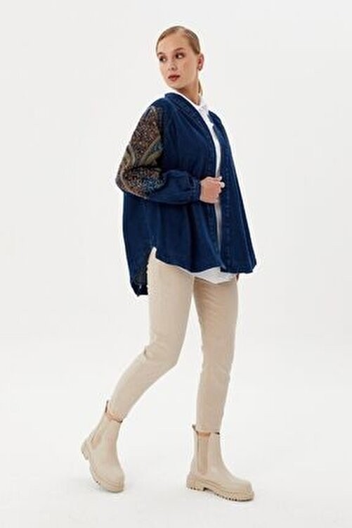 Dadali Koyu Mavi Denim Kimono Oversize Cepsiz Tasarım görsel 2