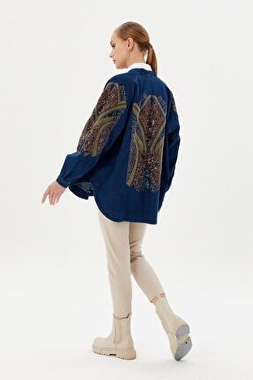 Dadali Koyu Mavi Denim Kimono Oversize Cepsiz Tasarım görsel 3