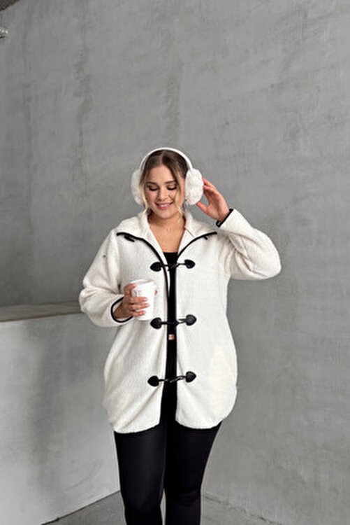 Stil Diva Büyük Beden Önü Kapamalı Cepli Uzun Kollu Peluş Mont 301816
