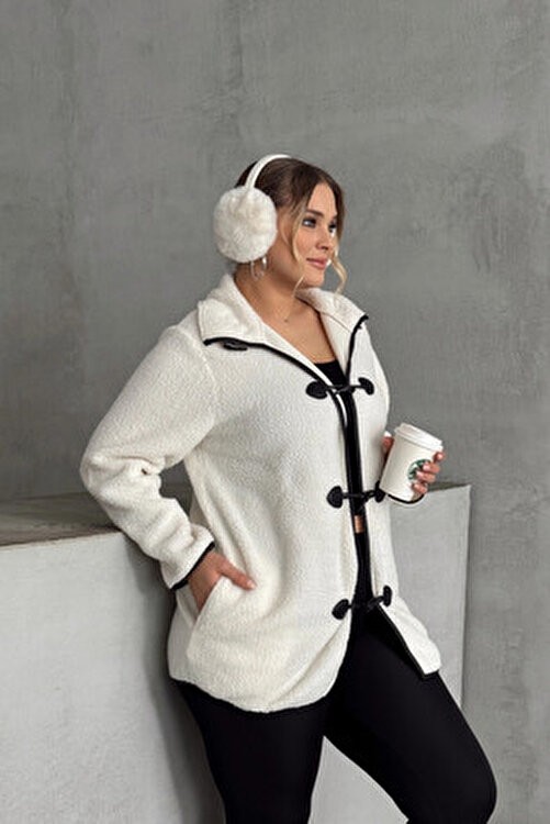 Stil Diva Büyük Beden Önü Kapamalı Cepli Uzun Kollu Peluş Mont 301816 görsel 2
