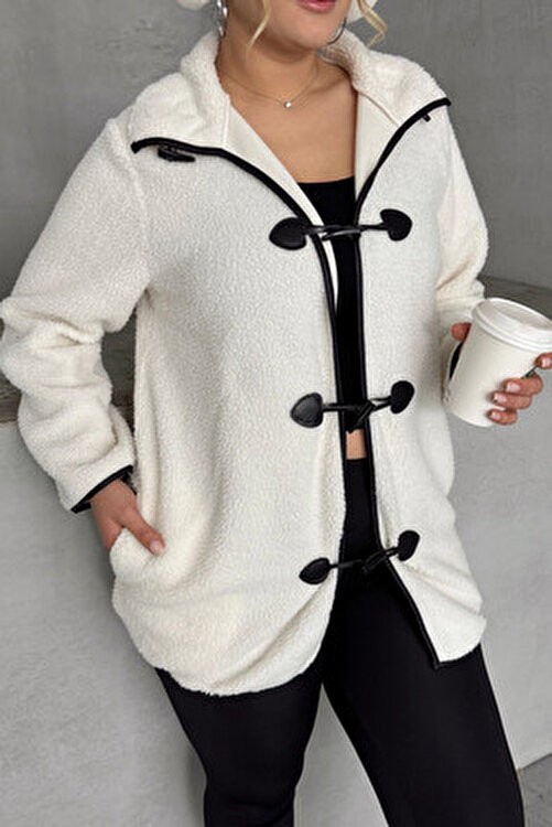 Stil Diva Büyük Beden Önü Kapamalı Cepli Uzun Kollu Peluş Mont 301816 görsel 6