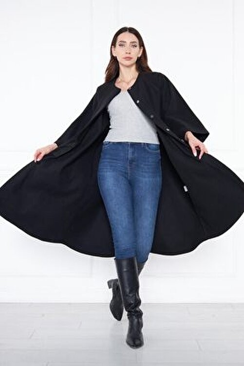 Comstar Kadın Trend Oversize Uzun Kol Şık Siyah Kaşe Panço görsel 2
