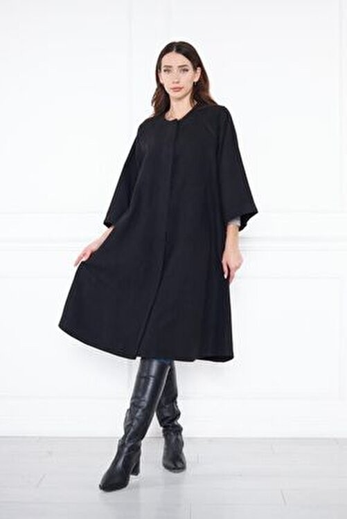 Comstar Kadın Trend Oversize Uzun Kol Şık Siyah Kaşe Panço görsel 5