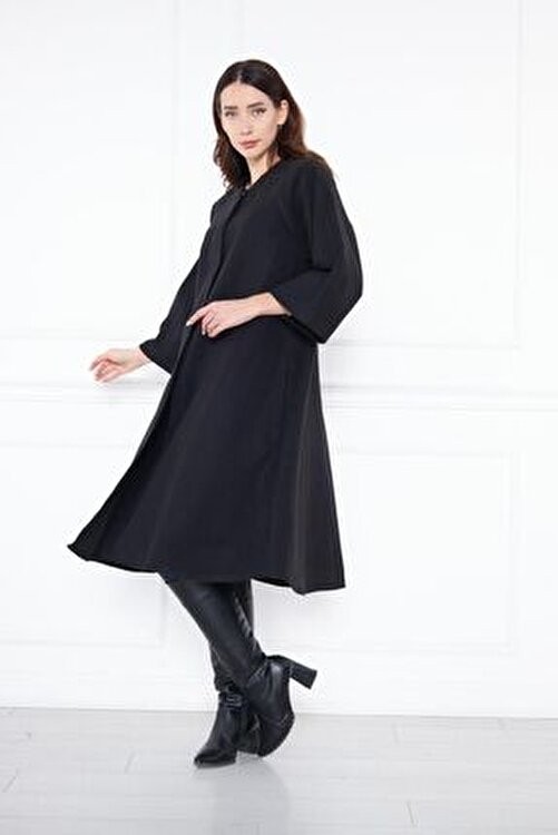 Comstar Kadın Trend Oversize Uzun Kol Şık Siyah Kaşe Panço görsel 6