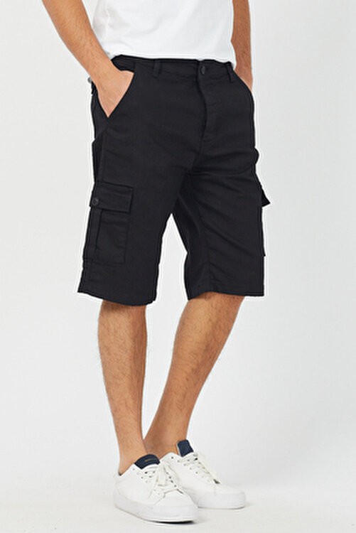 Tarz Cool Erkek Slim Fit Siyah Kargo Cep Likralı Şort Düz Desenli Yazlık Rahat Kesim görsel 8