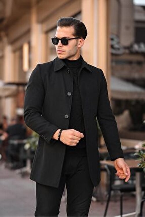 Gm Giyimarket Erkek Uzun Kaşe Kaban Slim Fit Siyah Düz Desenli Günlük Kullanım İçin S Beden